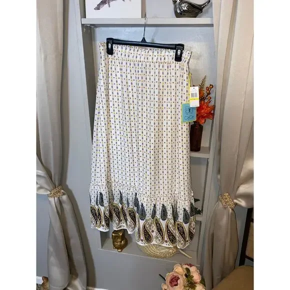 NWT CeCe Medium Lined Elastic Waist Ruffle Like Bottom Boho White Paisley Skirt - Picture 11 of 12